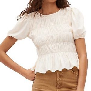 Mango Ruched Beige Puffed-Sleeve T-Shirt